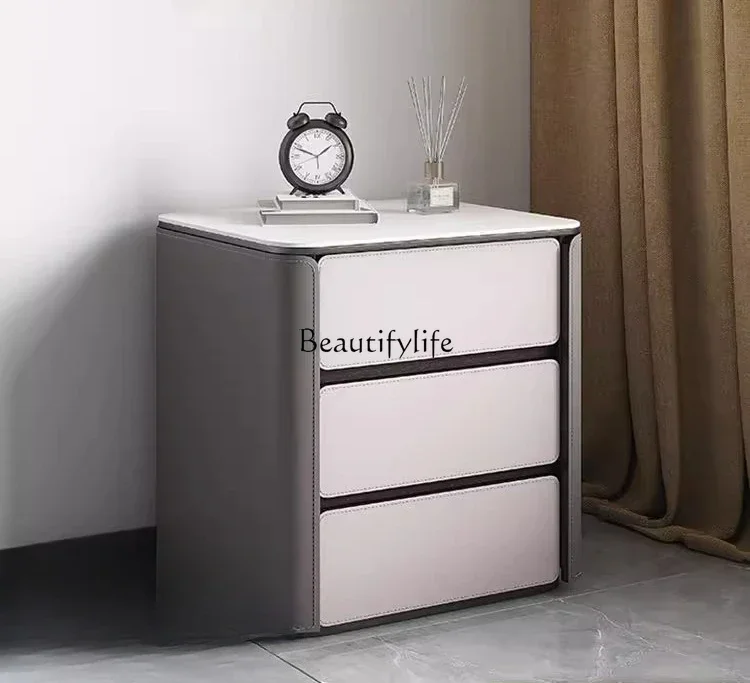 

ls 35Slate bedside table Modern light luxury saddle leather solid wood bedside storage cabinet