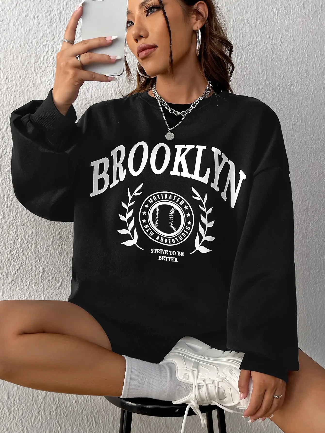 Brooklyn Strive To Be Better Print Female Long Sleeves High Street Vintage Sweatshirts Personality Casual Clothes Women Pullover