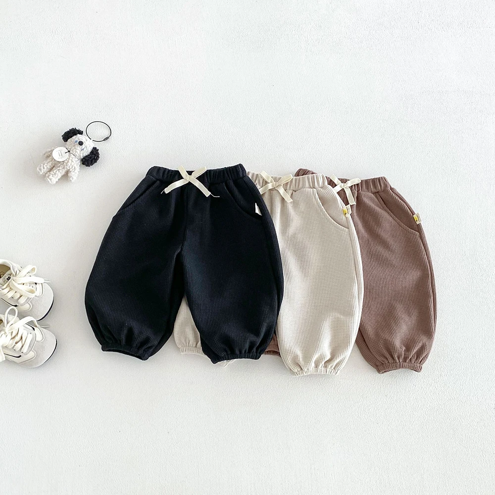 MILANCEL Autumn Kids Pants 6M-5T Baby Clothes Solid Color Waffle Girls Long Pants for Toddlers Loose Children Trousers
