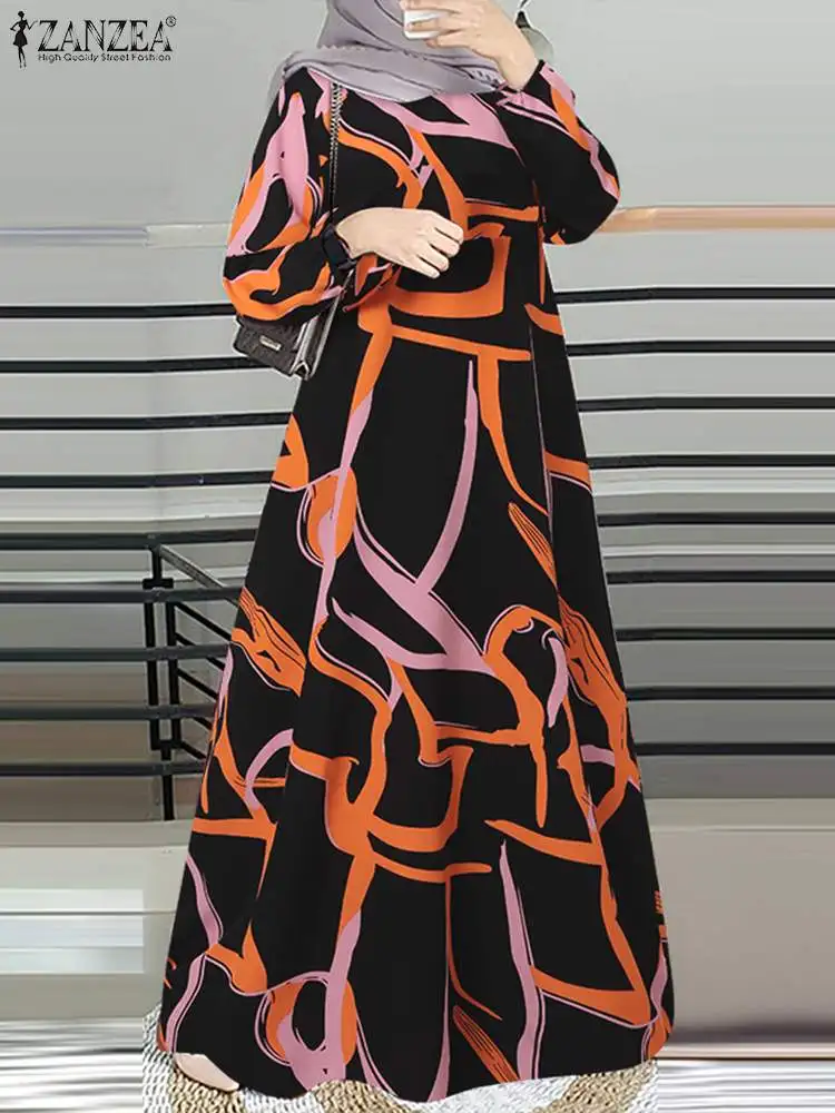 ZANZEA Muslim Fashion Loose Abaya Robes Printing Women Long Sleeve Islamic Long Dresses Elegant Casual O Neck A-line Vestidos