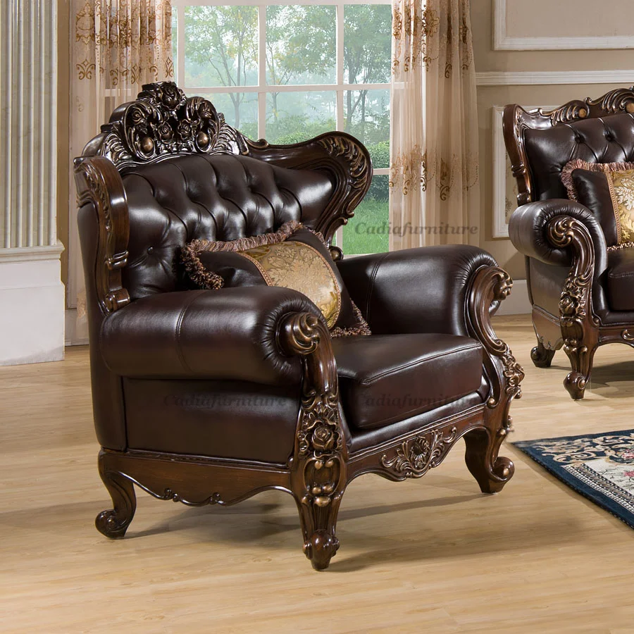 European Traditional Design Living Room Sofa Set Genuine Leather Cover Wooden Structure Sofa Set