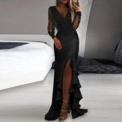 Women Sexy V-Neck Black Mesh Maxi Dresses Cocktail Fashion Slim Slit Long Dress Summer Sequins Long Sleeve Elegant Party Dress