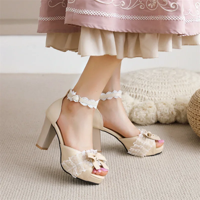 Moda infantil lolita sandálias doce renda peep toe arcos fivela de salto alto meninas nova mary janes cosplay sapatos de princesa