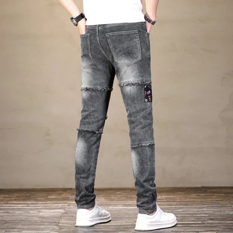 Jeans Patch personalizado masculino, Costura colorida impressa, Calças Stretch retas finas, Motocicleta de rua alta, Calças