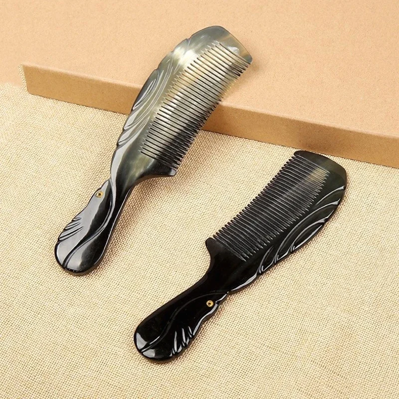 Natural Buffalo Horn Comb Fine Teeth Anti Static Massage Hair Comb with Thickening Round Handle for Head Health Barber Comb