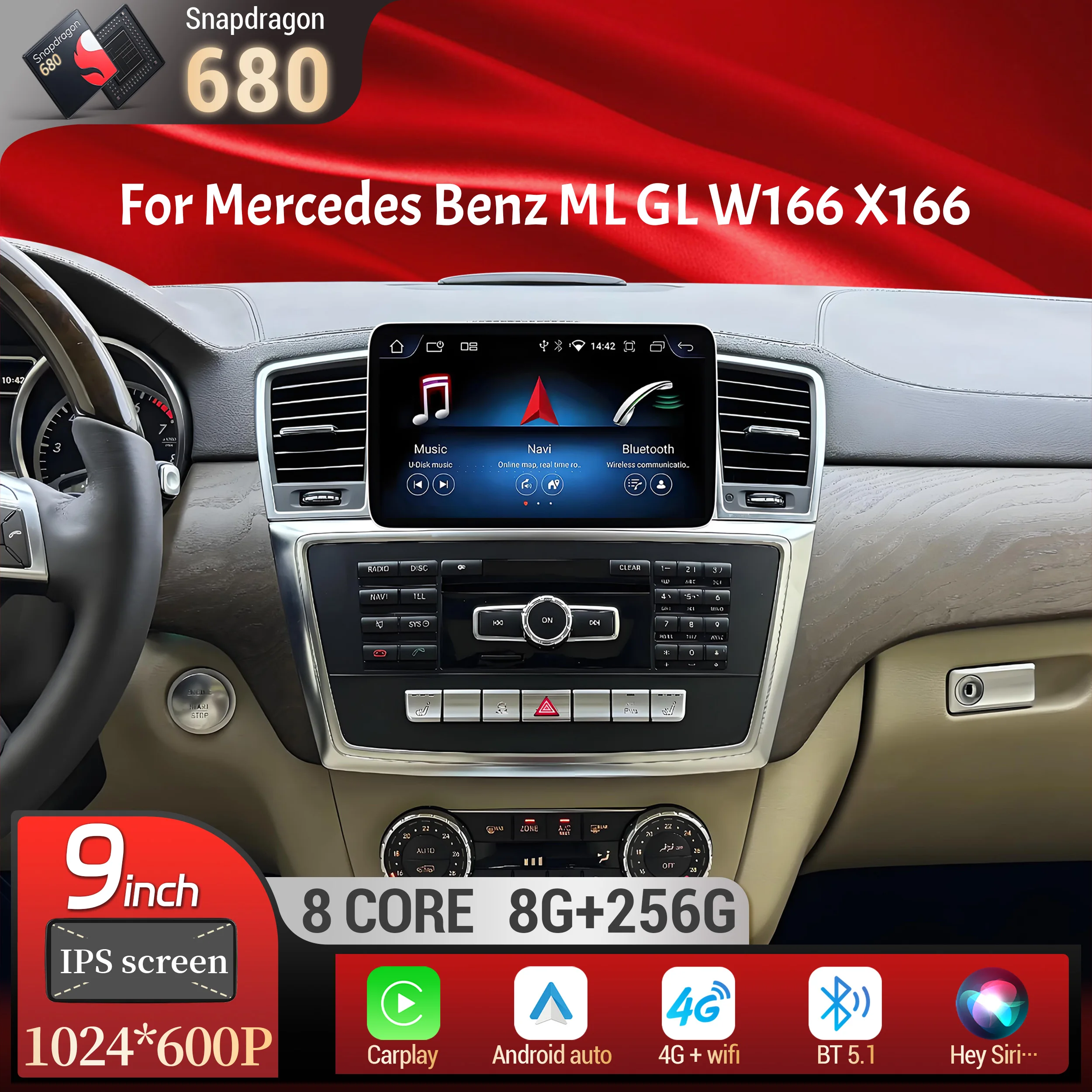 

9 inch Android 14 For Mercedes Benz ML GL W166 X166 Wireless Bluetooth Carplay Head Unit Qualcomm Snapdragon 680 Screen Stereo