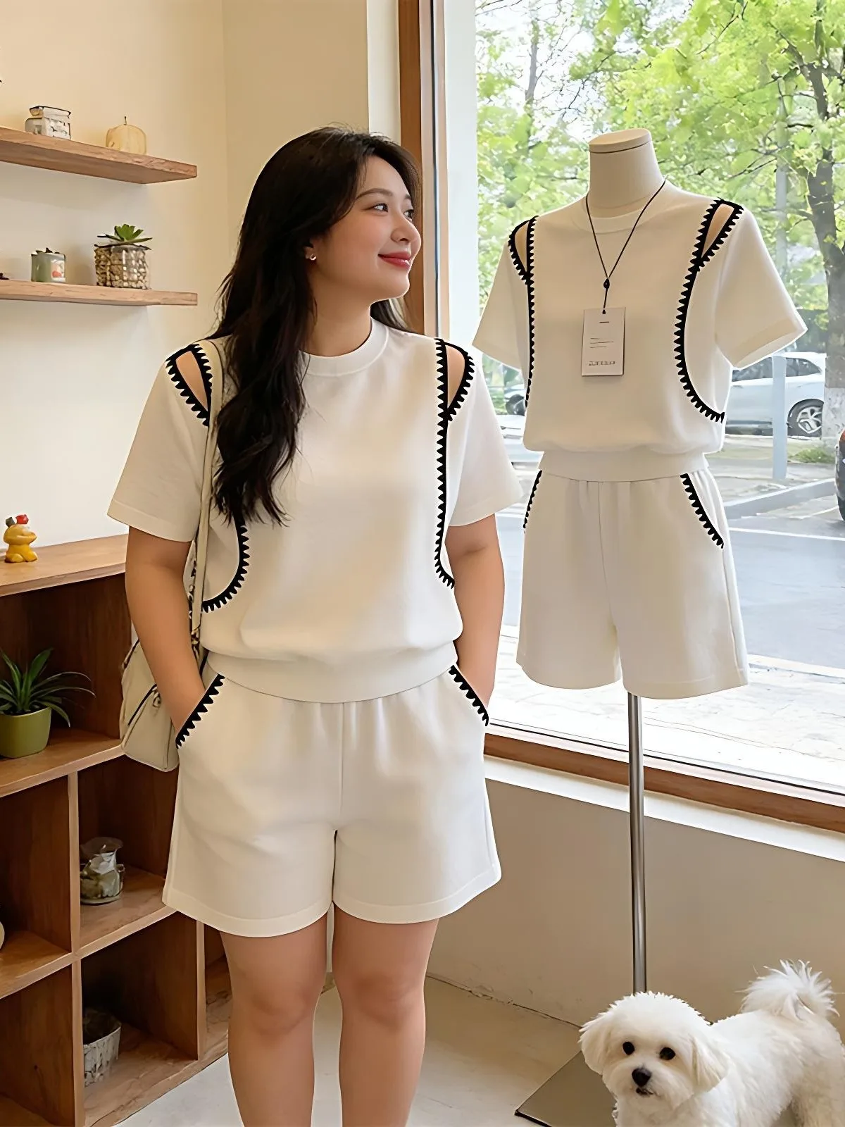 

plus Size Casual Sports Set Women Summer New Style Shoulder Hollow Short Sleeve T-Shirt Wide Leg Five Shorts Two Piece Set