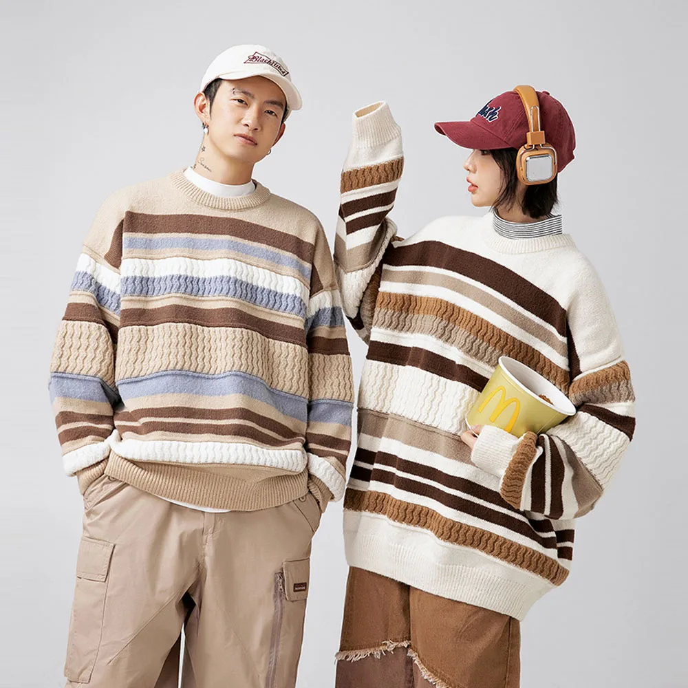 Japanese christmas Couple Striped Loose Vintage Men\'s Luxury Winter Cartoon Sweater Knitwear Sweatshirts Korean Fall Clothes