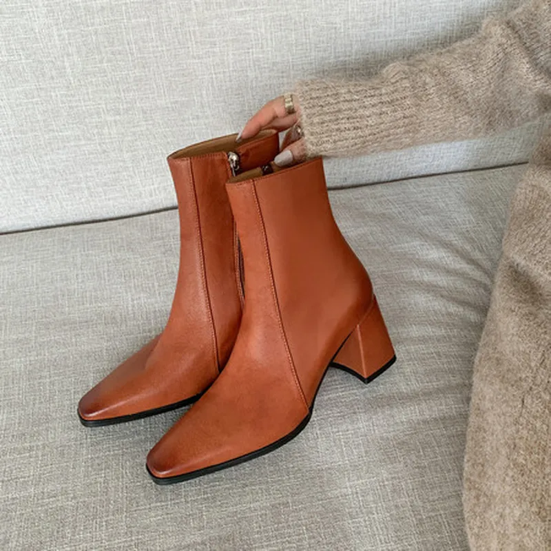 Ladies Soft Washed Genuine Cow Ankle Boots Square Block High Heel Side Zip Wearproof TPR Outsole Full Pigskin Inner Dual LinF264