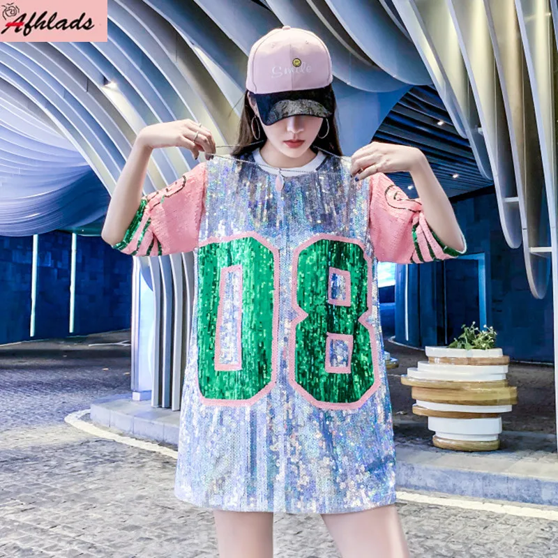 

Letter Sequins T-Shirt Summer New Women fashion Women Loose Solid Color Short Sleeve Round Neck Streetwear Hip-Hop T-Shirt