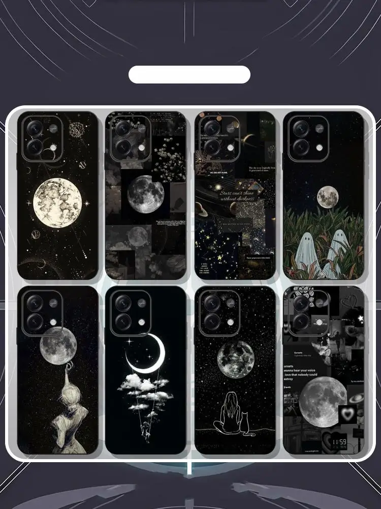 Coque de téléphone souple noire à motif lune artistique rétro pour Redmi Note 14 13 12 11 Pro Plus S 5G 14C A3