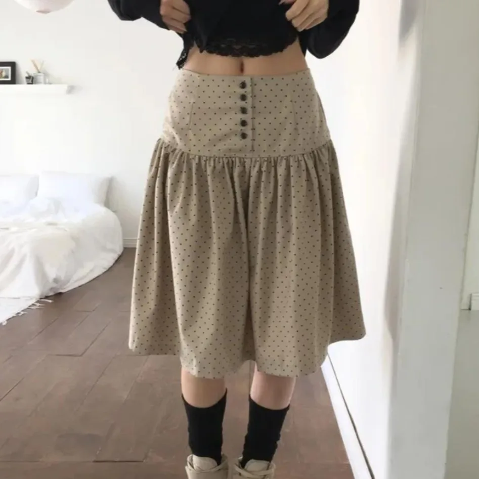 

Шикарная винтажная плиссированная юбка А-силуэта с пуговицами и высокой талией в горошек для женщин, весенняя коллекция, приятная к телу, дышащая, для перепродажи