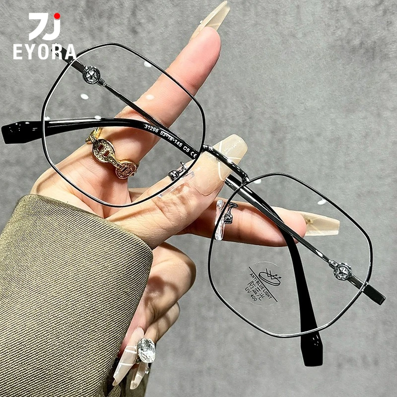 EYORA Currents Metal Reading Glasses for Women Polygon Anti Blue Light Photochromic Glasses Optical Lenses with Prescription