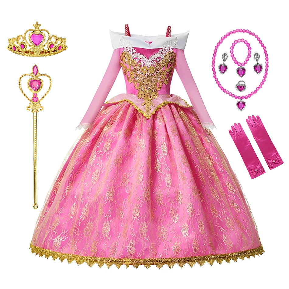 Disney Girls Sleeping Beauty Aurora Cosplay Princess Dress Kids Rapunzel Frozen Elsa Cinderella Costume Party Clothing 2-12Years