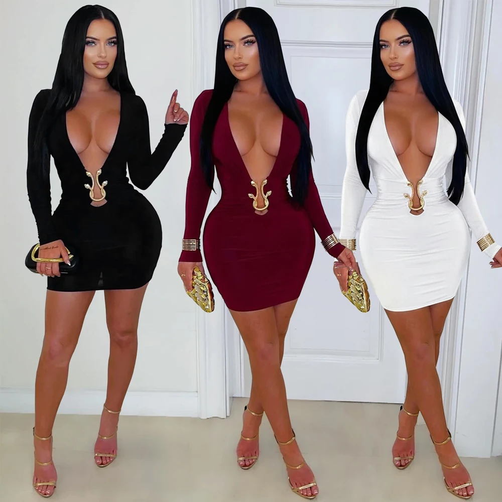 

2026 Luxury Sexy Dress Deep V Neck Long Sleeve Mini Bodycon Dresses with Snake Metal Decoration Ladies Elegance Party Club Wear