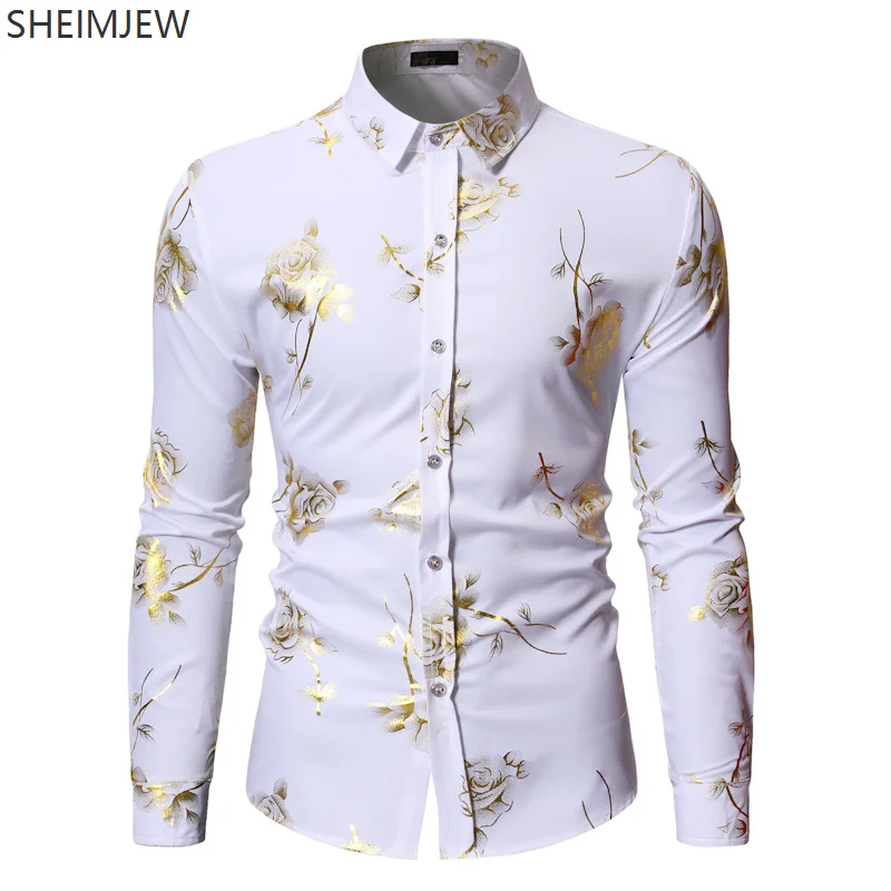 New Men's Gold Rose Floral Print Shirt Adult Floral Steampunk Petticoat White Long Sleeve Wedding Party Hot Stamping Camisole