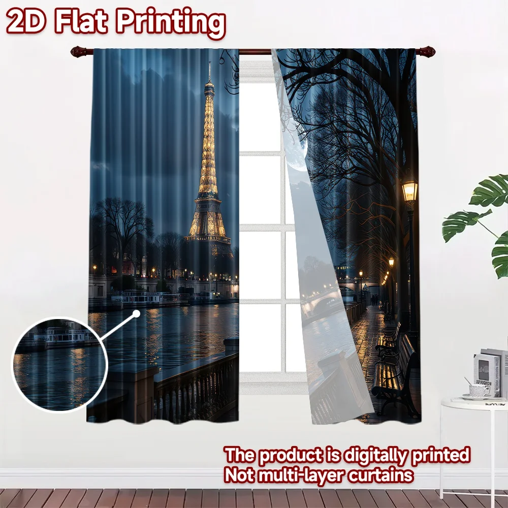 2D flat printing 2pcs Curtain Paris Night with Eiffel Tower Digital Printed Polyester Drapes Festive Holiday for Yard & Garden