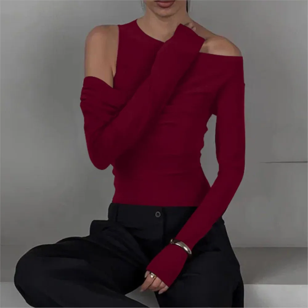 Fashionable Personalized Irregular Sloping Shoulder Pleated Slim Fit T-shirt Top Simple Style All-match Solid Color Temperament