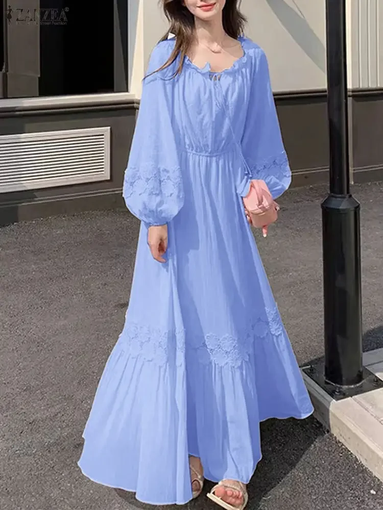 ZANZEA Moda Donna Maxi Abiti 2025 Autunno Party Robe Manica lunga a lanterna Solido pizzo increspato Camicia lunga Abiti da vacanza