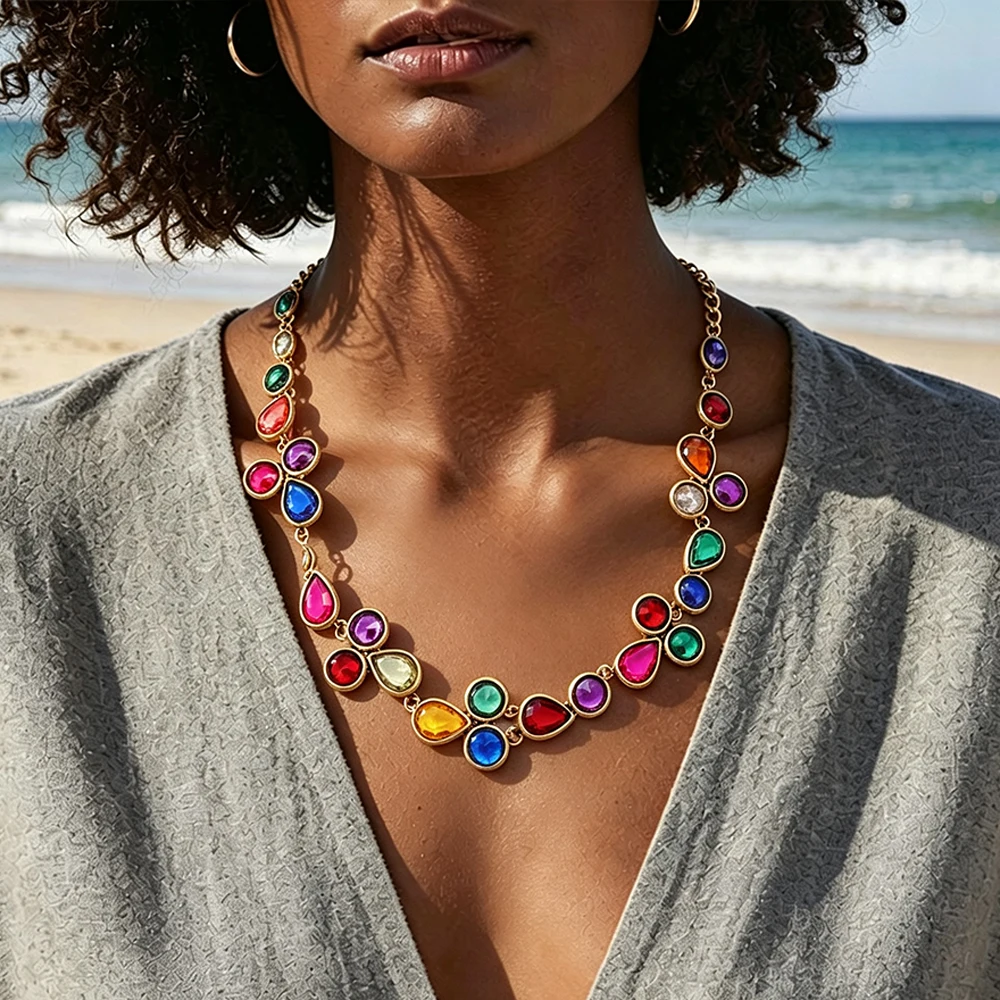 Persönliche, farbenfrohe Tropfenform-Kristall-Strass-Choker-Halskette für Damen, Statement-Schmuck für Bankette und Partys, Halsaccessoires – Detail 2