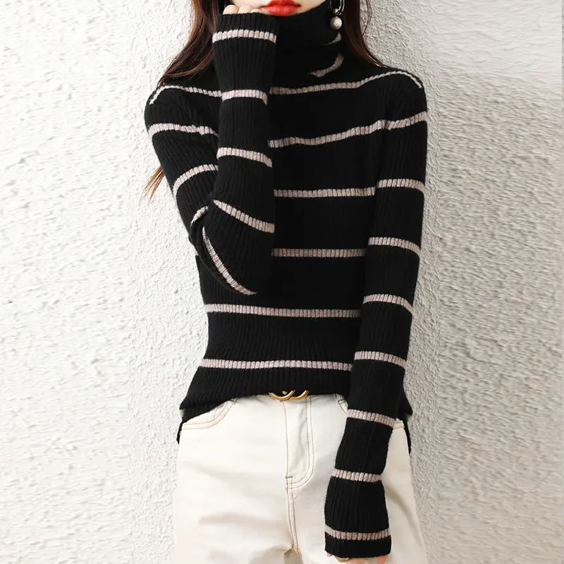 2023 New Autumn and Winter Fashion High Neck Laydown Slim Fit Striped Knit Long Sleeve Temperament Commuter Women's Sweater