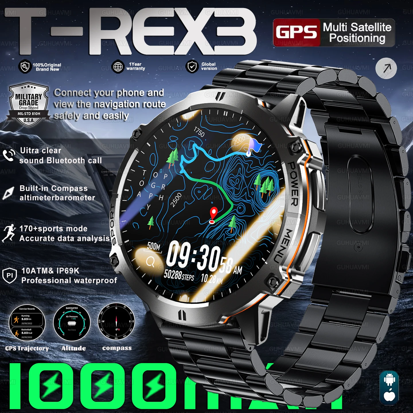 

2025 T-REX3 ГОРЯЧИЕ Новые 100 + спортивные умные часы 1000 мАч с большой батареей Прочный компас 10 АТМ Водонепроницаемые тактические HD-вызовы Смарт-часы для мужчин
