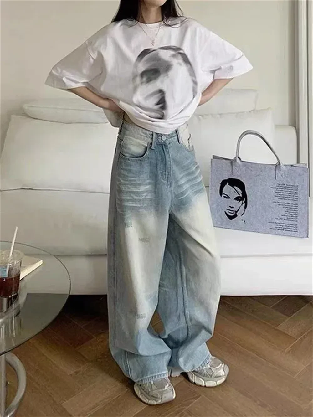 

Women Summer 2024 New High Waist Mop Temperament Retro Fried Street Long Pants Light Blue Loose Wide Leg Jeans