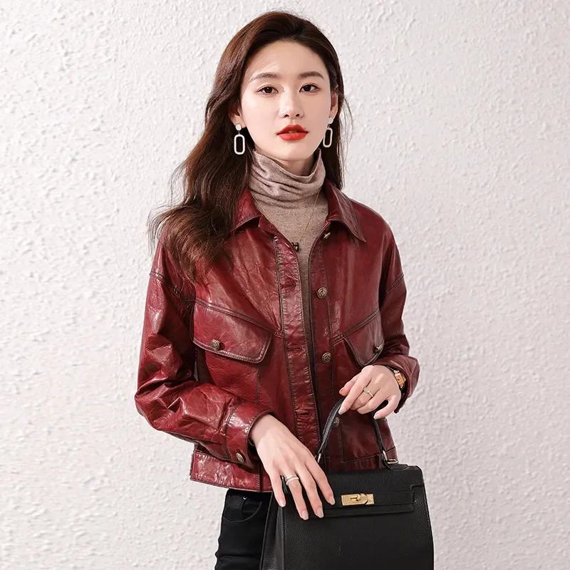 Spring Autumn New PU Leather Short Jacket Windbreaker Women Fashion Vintage Wine Red Leather Coat Loose Jackets Female Outwear