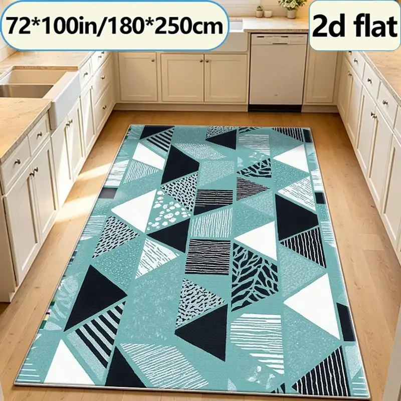 Teal Black and White Geometric Triangles Abstract Rug Modern Sketch Texture Pattern Non-Slip Indoor Decorative Carpet