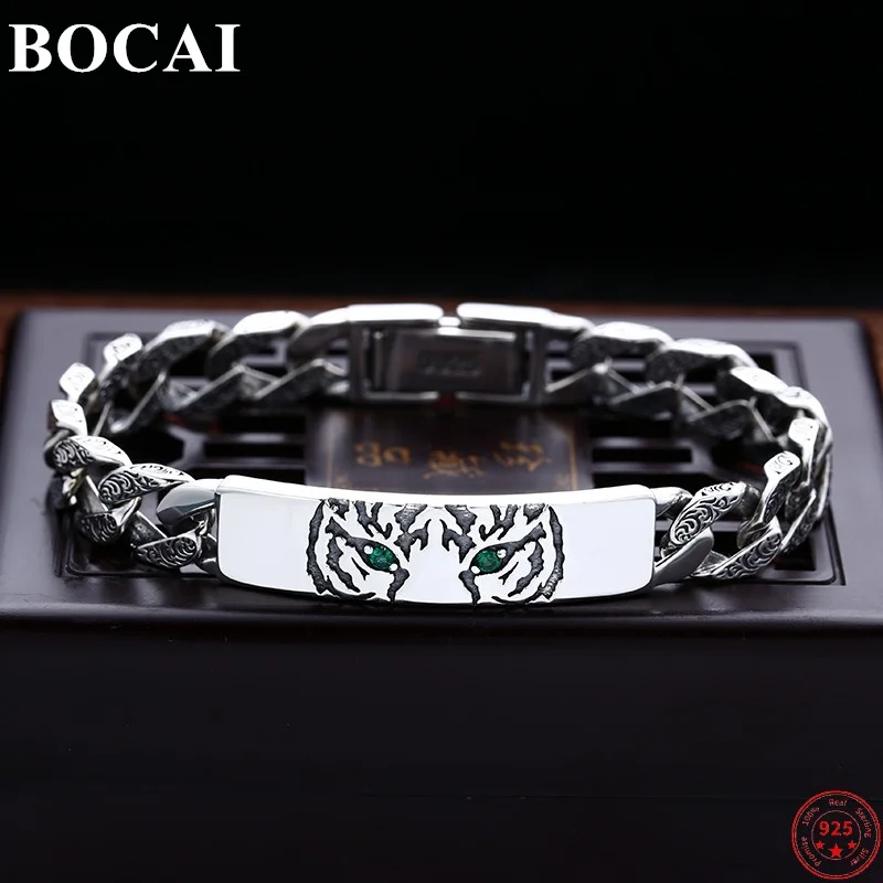 

BOCAI S925 Sterling Silver Bracelets for Men Women Chinese Year of the Tiger Pattern Cuban Link-chain Argentum Jewelry Wholesale