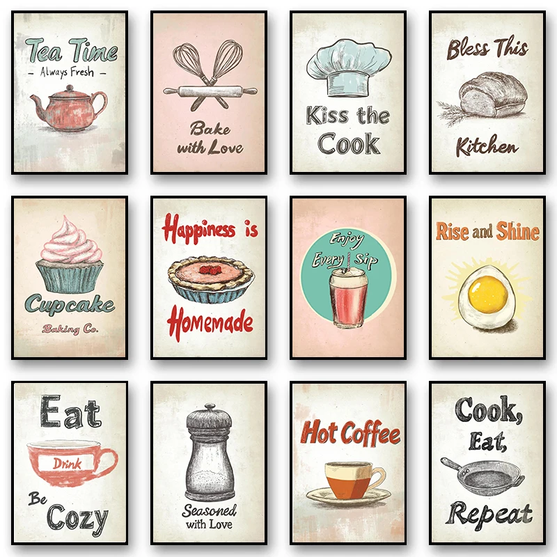 Vintage Hot Coffee Tea Time Food Cupcake Egg Lemons Posters and Prints Canvas Printing Wall Art Picture for Kitchen Cafe Decor