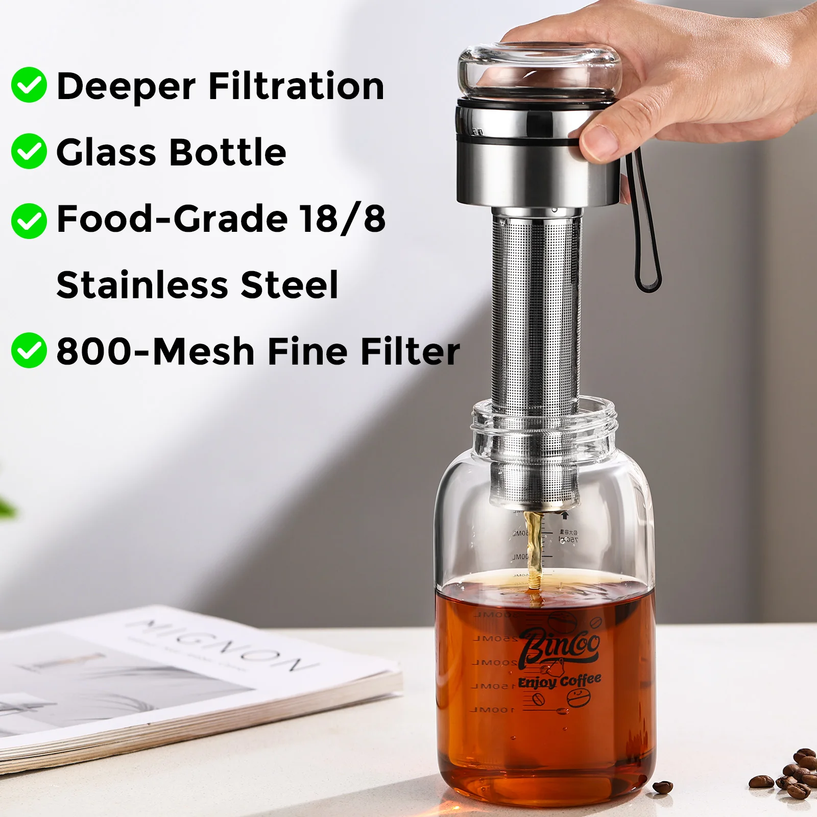Picture 5: Bincoo Cold Brew Coffee Maker Iced Coffee Maker With Stainless Steel Long Tea Infuser Airtight Cold Brew Pitcher