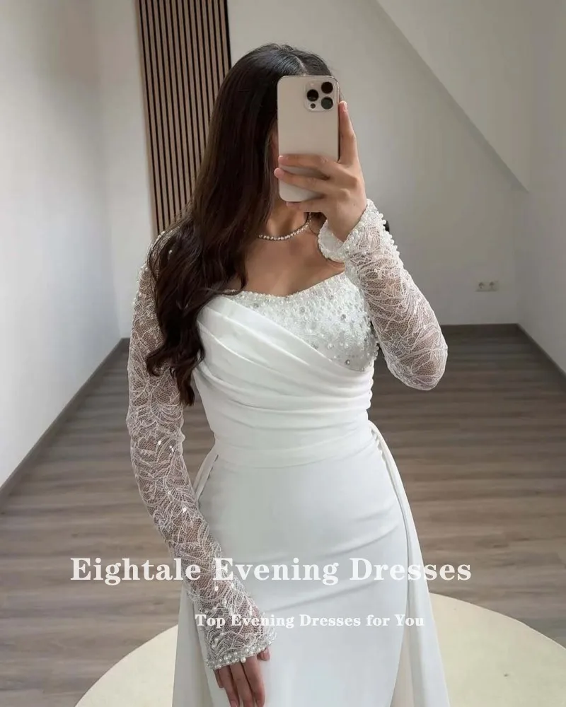 Eightale Arabic Evening Dress for Wedding Party Long Sleeves V-Neck Ivory Stretchy Satin Mermaid Customized Beaded Prom Gown