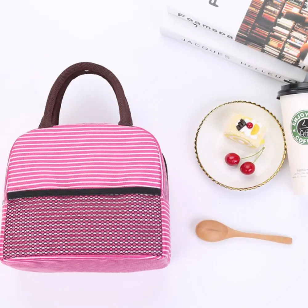 Multifunctional Aluminum Film Lining Striped Thermal Lunch Bag Insulated Large Capacity Handbag Zippered Picnic Bag Student