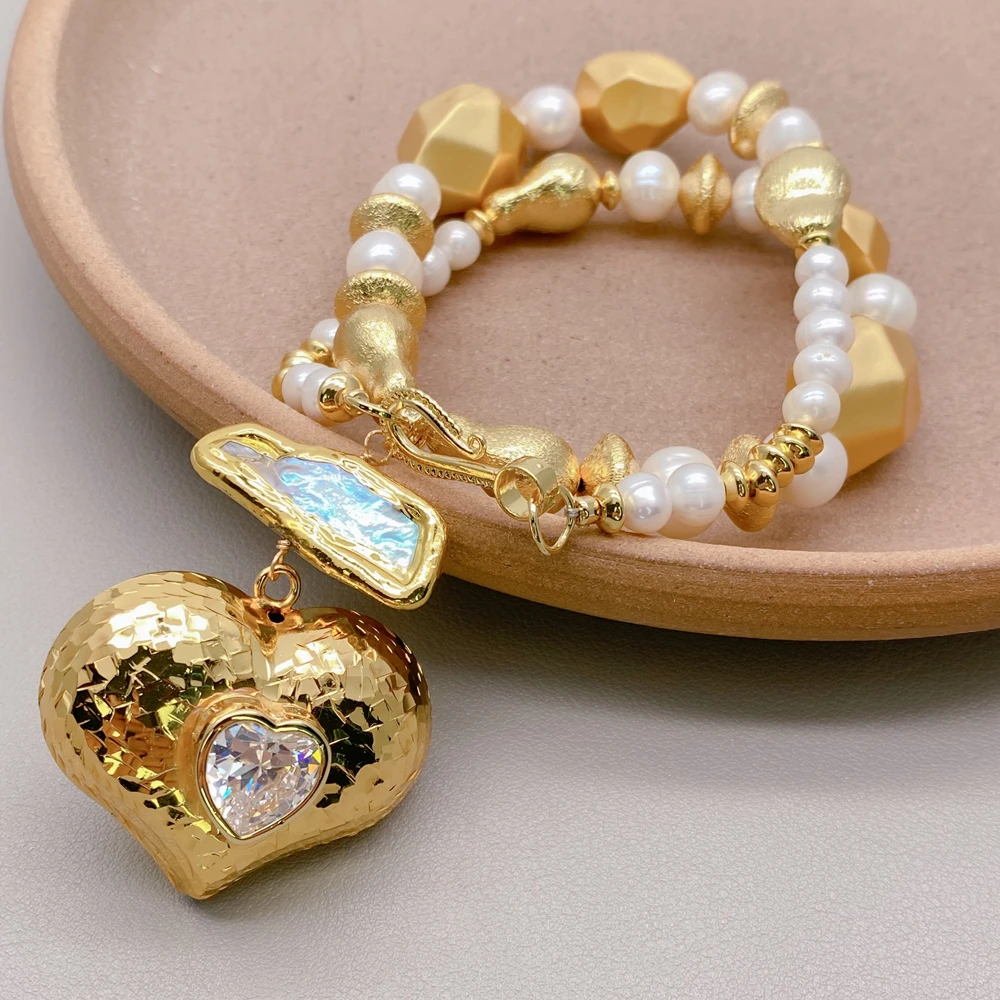 

Бусины yygem различной формы с матовым покрытием, натуральный пресноводный жемчуг, кулон в форме сердца с позолотой и инкрустацией CZ.