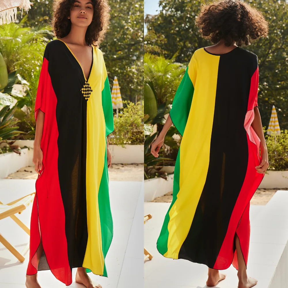 Rainbow Patchwork Women Loose Bikini Cover Up Deep V Neck Holiday Vocation Beach Long Dress Women Clothing