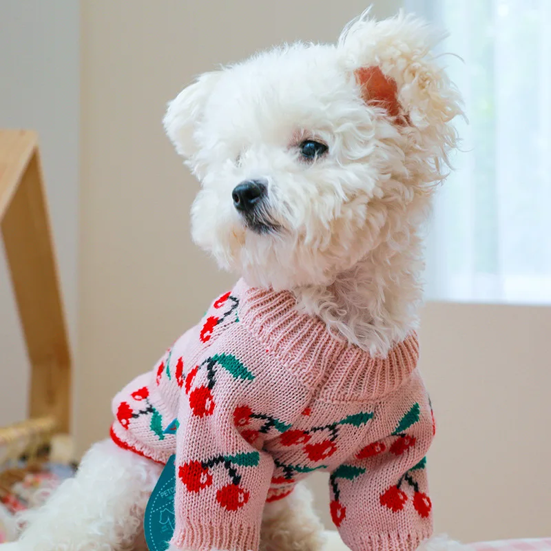 Printing Cherry Pet French Bulldog Clothes for Small Dogs Pink Color Winter Overall Pet Sweater Christmas New Year Cat Clothing