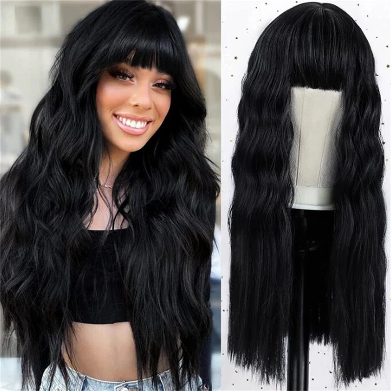 Synthetic Hair Korean Wigs For Women Wigs With Bangs Wavy Long Black Wig Blonde Cosplay Costume Female Pink Orange Wig Holiday