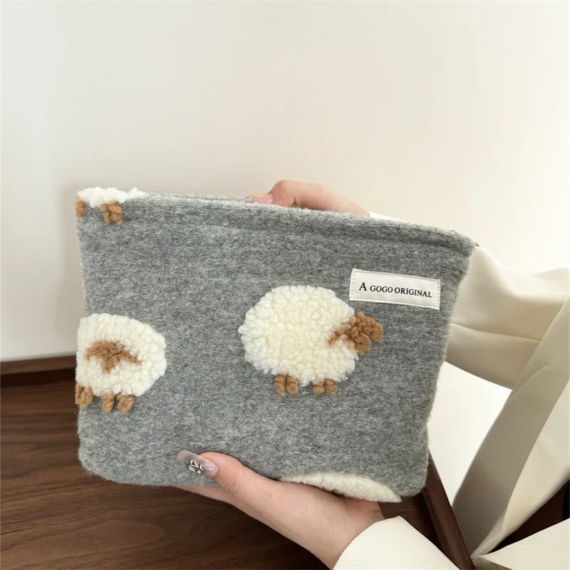 Grijze wollen make-up tas schattig lam geborduurd cosmetische opbergtas dames reizen toilettas organisator zakje clutch kleine portemonnee