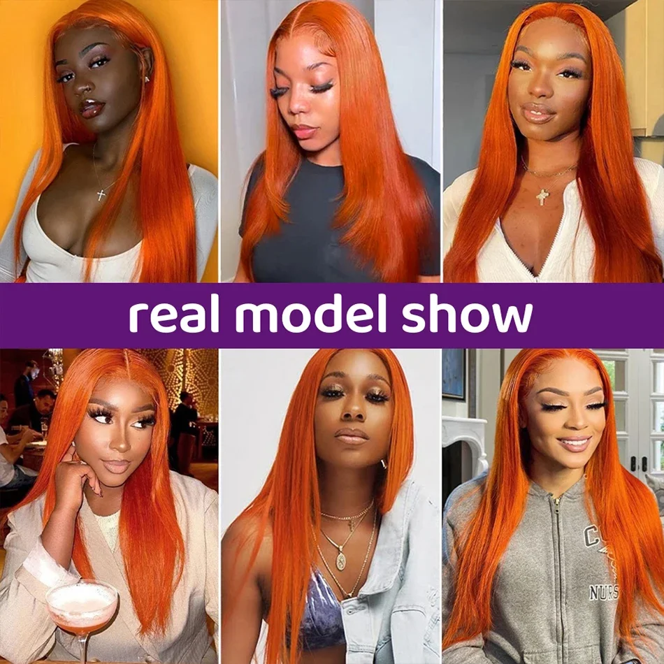 Perruque Lace Front Wig sans colle naturelle brésilienne, cheveux lisses, orange, 13x6 HD, 100% de densité, pour femmes