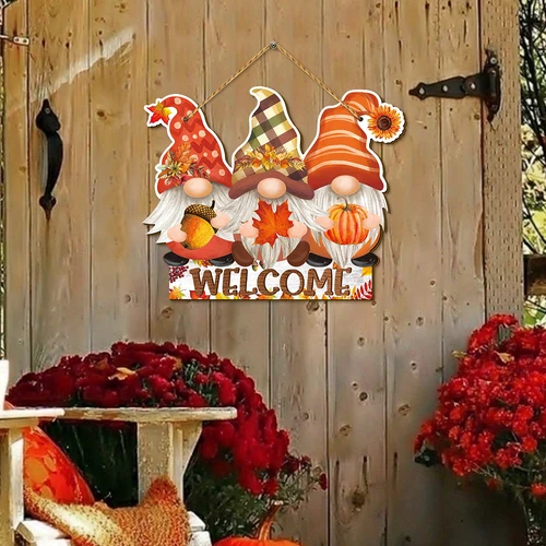 Gnome 환영 사인-단풍나무 잎, 호박, 소박한 나무 걸이 장식, 농가 벽 문짝 창 장식, 가을 