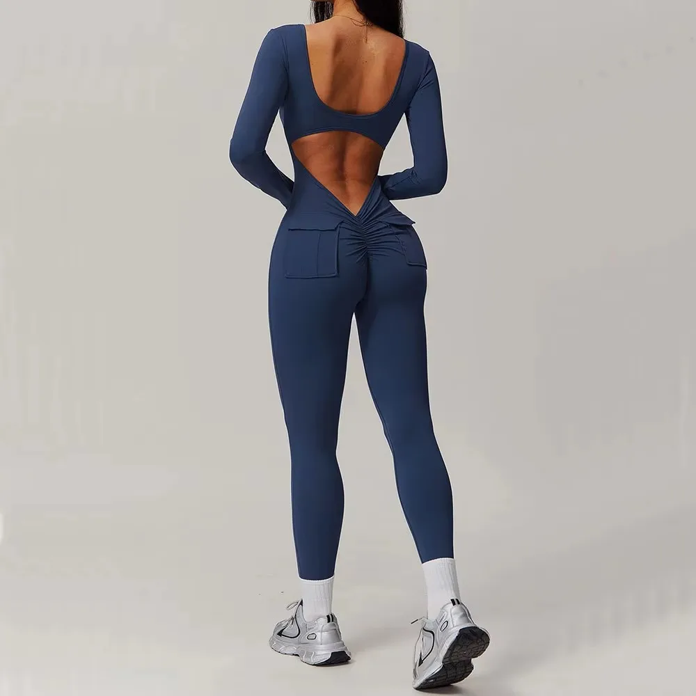 Sexy Back V Jumpsuit Gym One-Piece Suit Women Halterneck Yoga Boilersuit Women Fitness Sports Rompers Stretch Workout Bodysuits