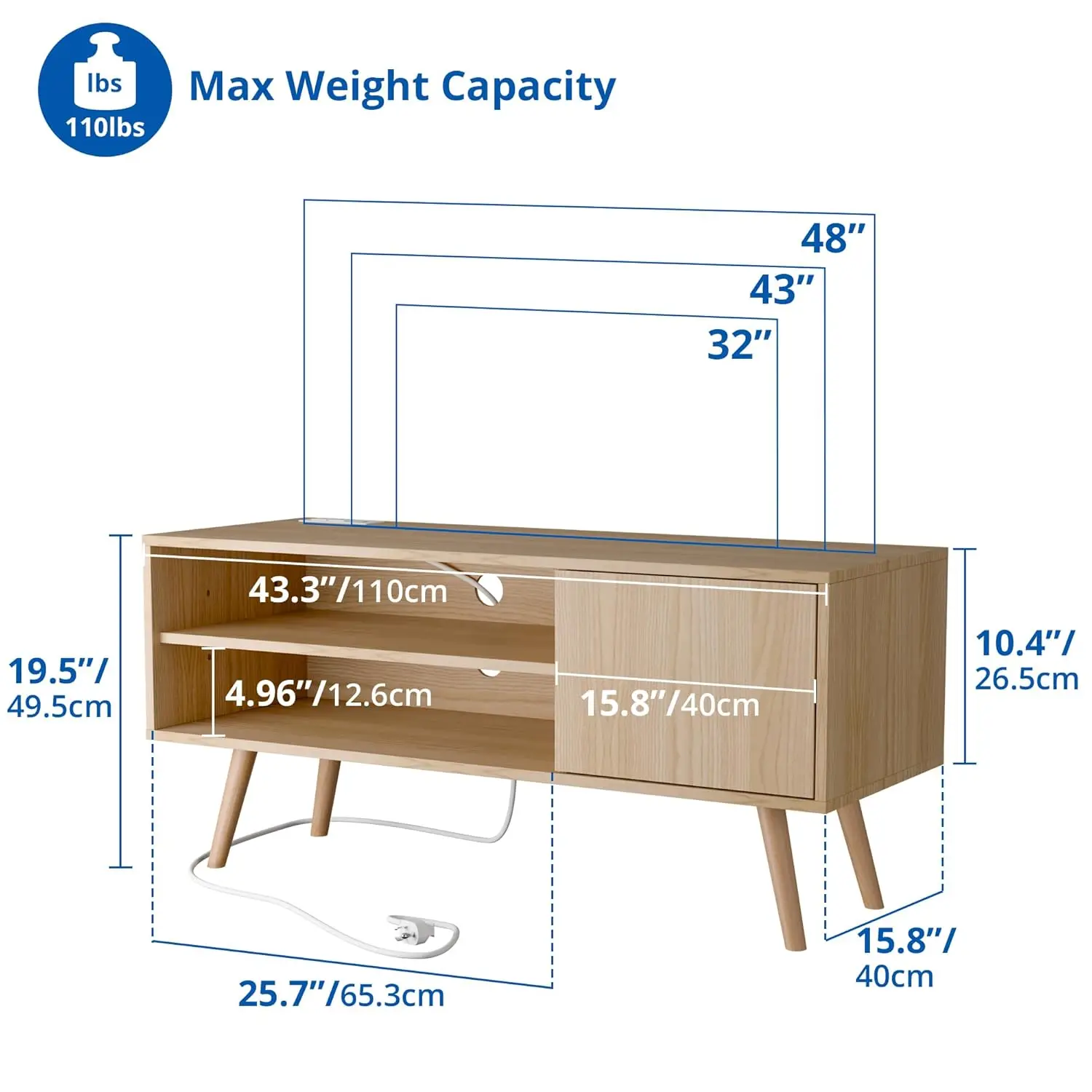 

Mid Century TV Stand 48-55in Storage Cabinet Charging Station Living Room Oak 43.3x15.7x19.5in, Custom