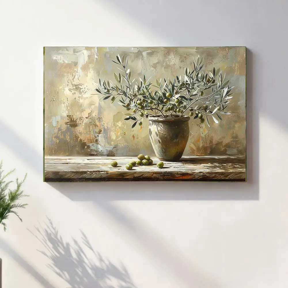 Mediterranean Olive Branch Wall Art | Neutral Still Life Painting | Rustic Tuscan Kitchen Decor | Olive Tree Botanical Canvas or