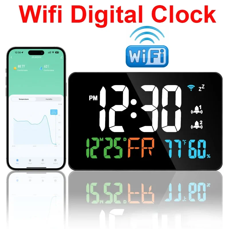 Smart Wifi Temperature Humidity LED Digital Clock Automatic Calibration Time Alarm 4-Level Brightness Home Electronic Desk Clock