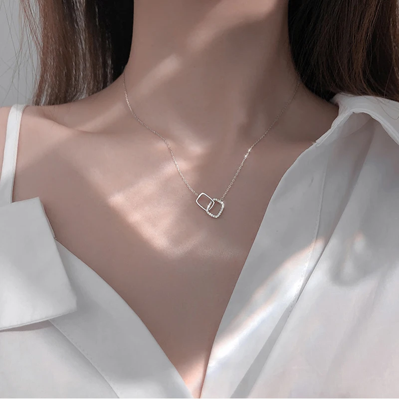 Neue S925 Silber Runde Halsband Zirkon Für Frauen Mode Kette Minimalistischen Dainty Doppel Kreis Anhänger Halskette Hals Edlen Schmuck – Detail 15