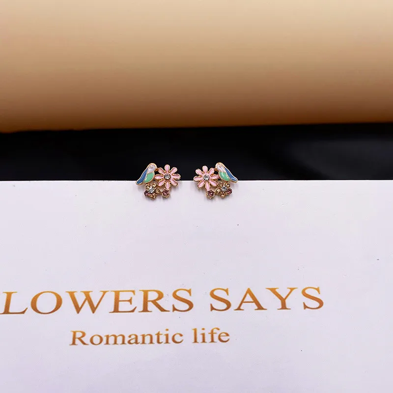 Minar Cute Sweet Sense Fairy Hand Painted Enamel Glaze Earring Pink Blue Flower Birds Earrings Colorful Craft Stud Earrings Gift