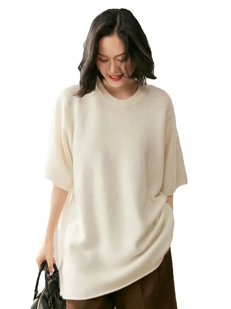 

M.Chic Korean Women's O-Neck Half Sleeve Pullover 100% Cashmere Knit Sweater Soft Fashion Casual Loose Basic Tops Autumn Winter