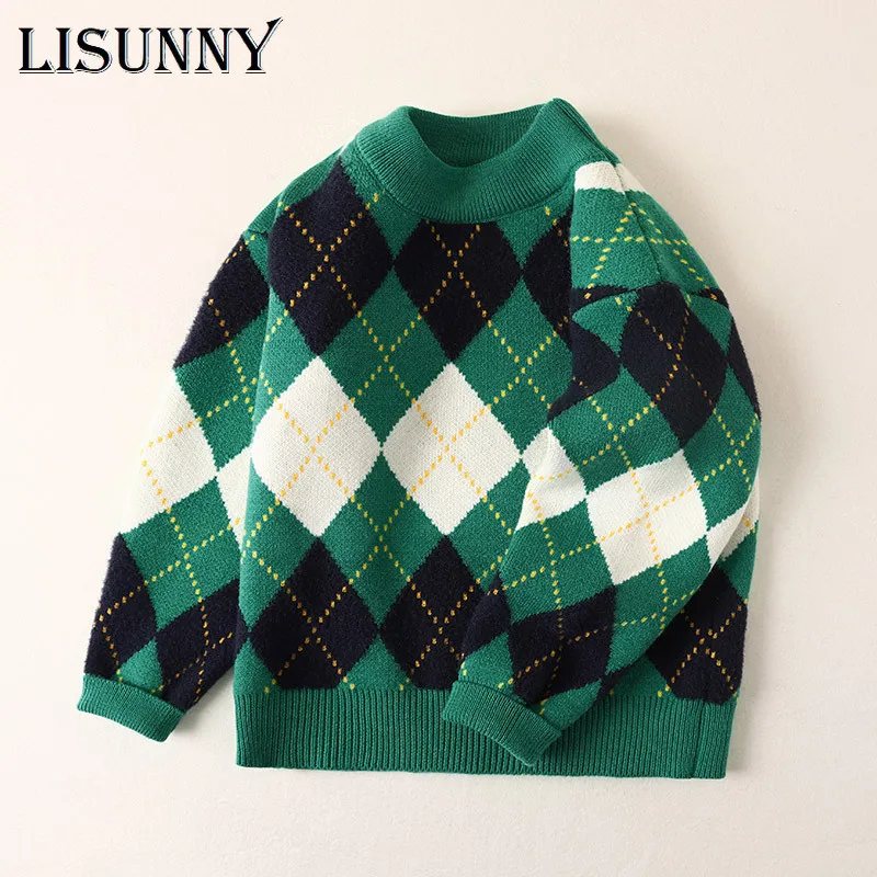 

2024 Autumn Winter Kids Plaid Sweater Jumper Coat England Style Children Clothing Baby Cotton Thick Boys Knitted Pullover 1-12y