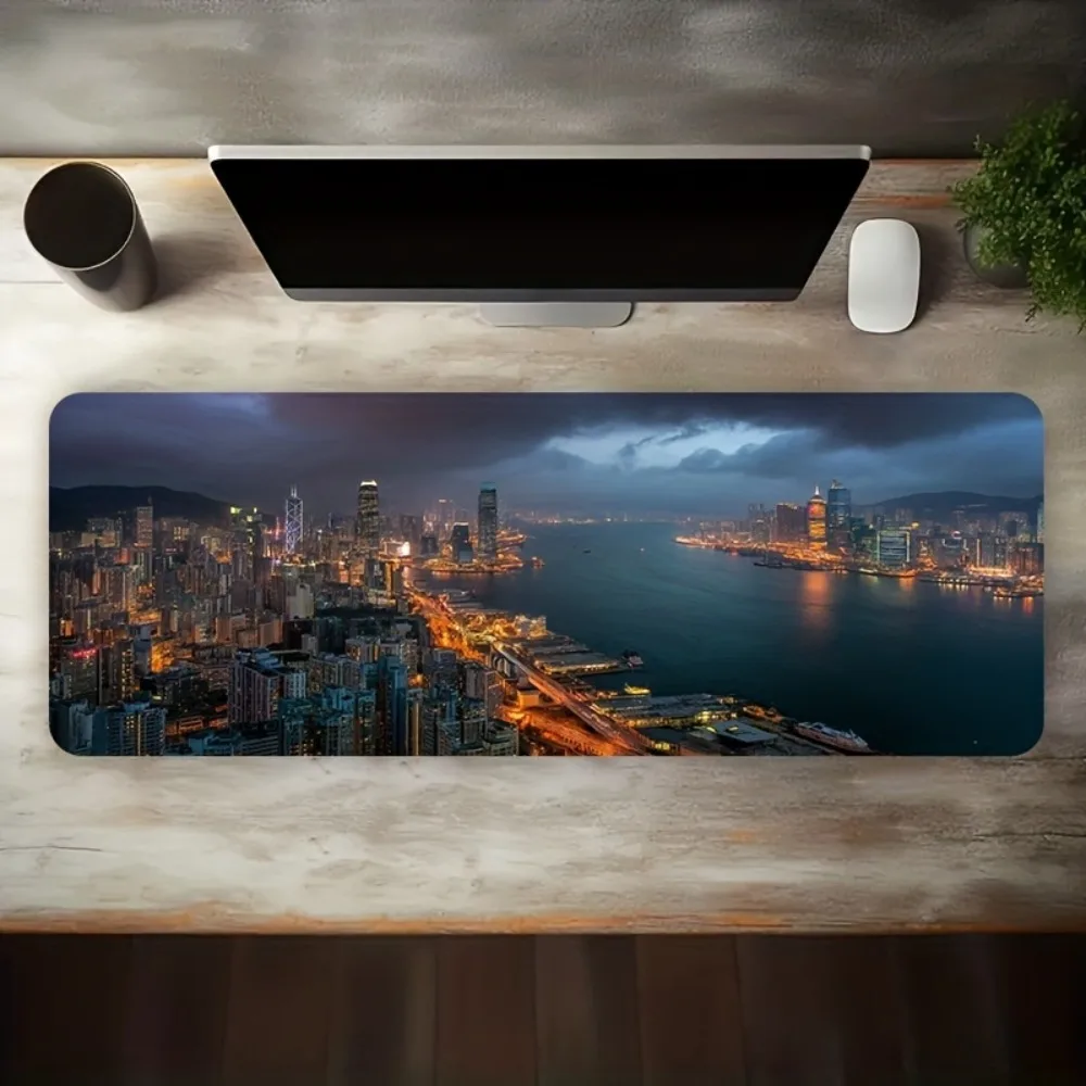 Artistic Hong Kong Night Skyline Oversized Mouse Pad Non-Slip Washable Rubber Desk Mat for Office